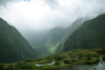 Clinton Valley in rain and hail from Pass Hut
